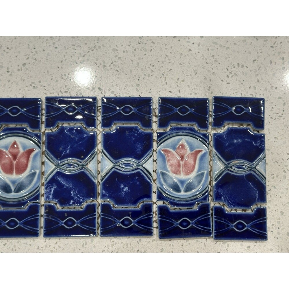 Retro Tulips Japan Cobalt Blue Splash / MAJOLICA Kitchen Bathroom Pool Tiles - Picture 6 of 9